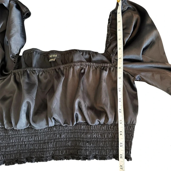 AFRM Satin Peasant Shirt Top Long Puff Sleeve Cropped Ruched Black Large Revolve - Picture 3 of 8